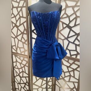 Royal Blue Bow Sequin Corset Short Dress